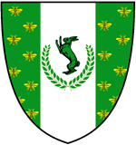 Broken Bridge Heraldry:  Vert sem&eacute; of bees volant Or, and on a pale Argent a Conie salient within a laurel wreath Vert.